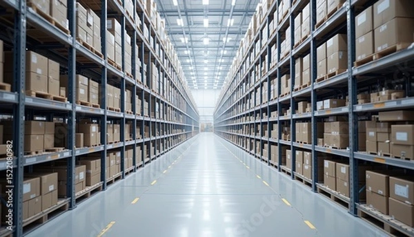 Obraz Interior view of a warehouse filled with stacked cardboard boxes.