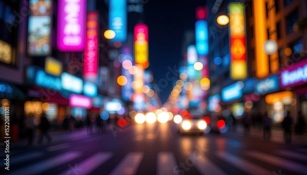 Obraz Blurry urban street scene at night, illuminated by vibrant signs.
