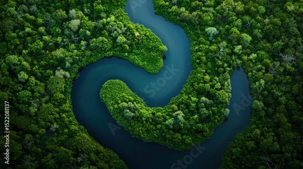 Fototapeta Aerial view of the Okavango Delta's intricate waterways, surrounded by wildlife and lush vegetation