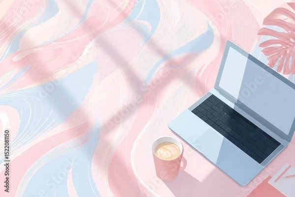 Fototapeta Cozy Workspace with Laptop and Coffee on Colorful Background