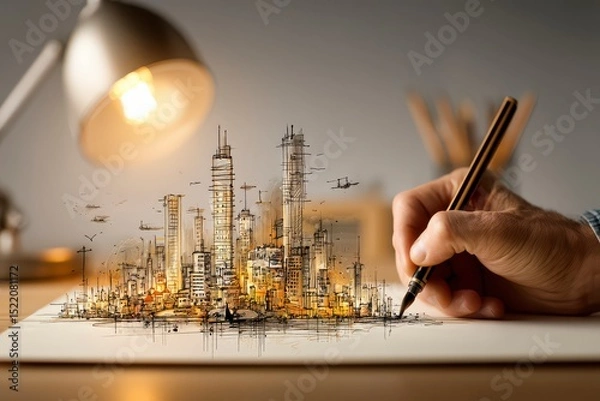 Fototapeta Creative Hand Drawing Cityscape with Modern Sketching Tools
