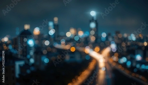 Obraz Blurred cityscape at night, glowing with city lights.