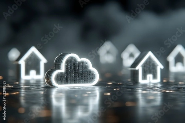 Fototapeta Digital Cloud Concept with Houses and Data Visualization Elements