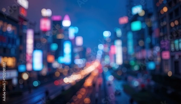 Obraz Blurry cityscape at night, illuminated by vibrant advertisements.