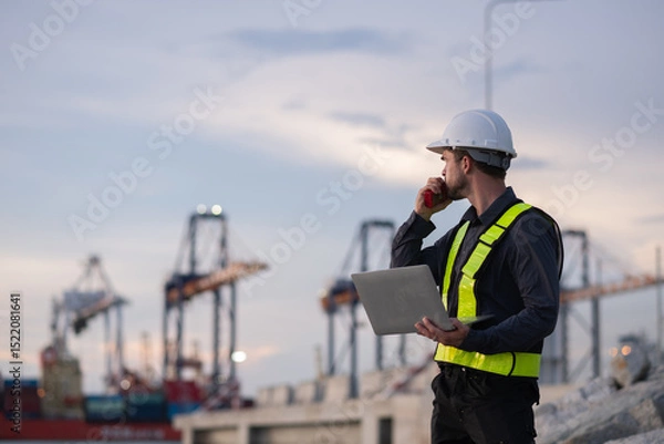 Fototapeta Industrial engineer workers operations marine port cranes loading and unloading of cargo ships global trade and supply chain import export environment monitoring responsible global economy.