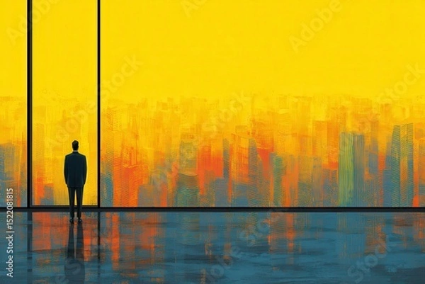 Fototapeta Man Looking Out at Cityscape with Yellow Sky and Reflection