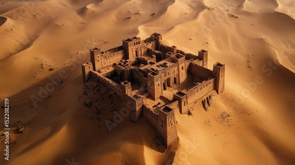 Fototapeta Aerial view of the Sahara Desert with ancient ruins peeking through the golden sands