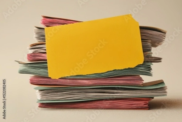 Fototapeta Stack of Colored Papers with a Blank Yellow Note for Messaging