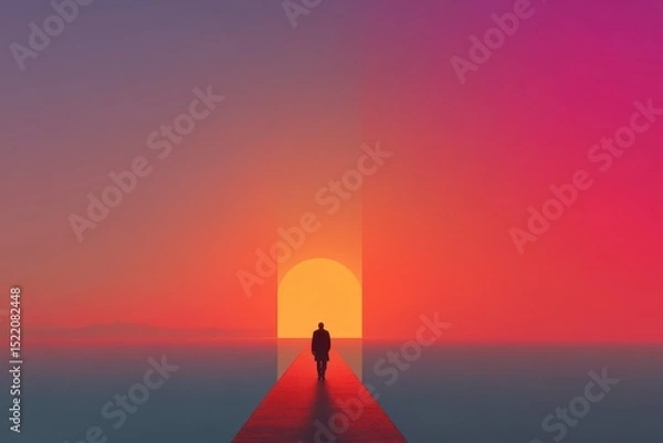 Fototapeta Solitary Figure Walking Towards a Colorful Abstract Sunset Portal