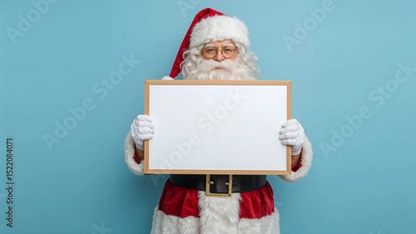 Fototapeta Santa Claus with Blank Signboard on Blue Background – Festive Christmas Portrait for Custom Message or Holiday Promotion