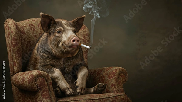 Fototapeta Pig Relaxing on Armchair Holding Cigarette in Smoky Rustic Setting
