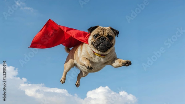 Fototapeta Flying Superhero Pug with Cape – Whimsical and Playful Dog in the Sky