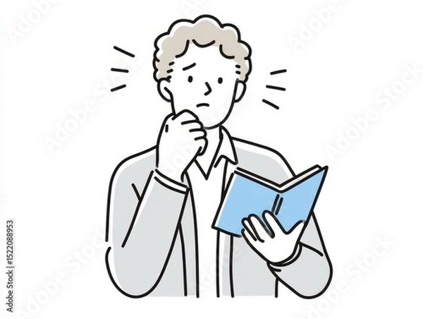 Fototapeta Pensive Reader Holding a Blue Book with Concerned Expression