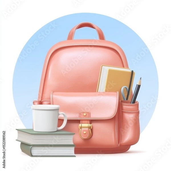 Fototapeta Stylish Pink Backpack With Books And Coffee On A Soft Blue Background