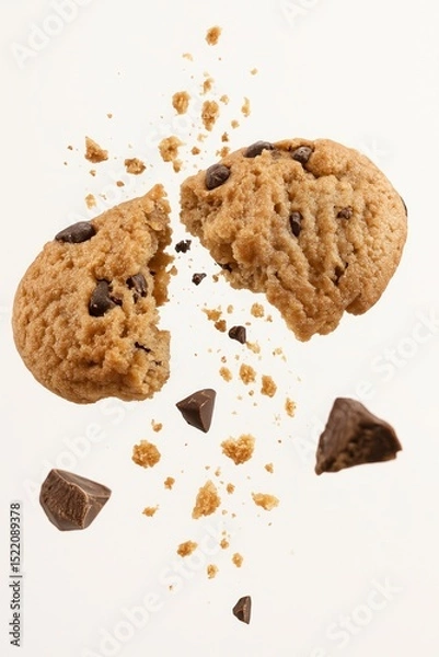 Obraz A dynamic close-up of a chocolate chip cookie breaking apart mid-air, with cookie crumbs and dark chocolate chunks flying outward. The cookie is golden brown, soft and slightly chewy