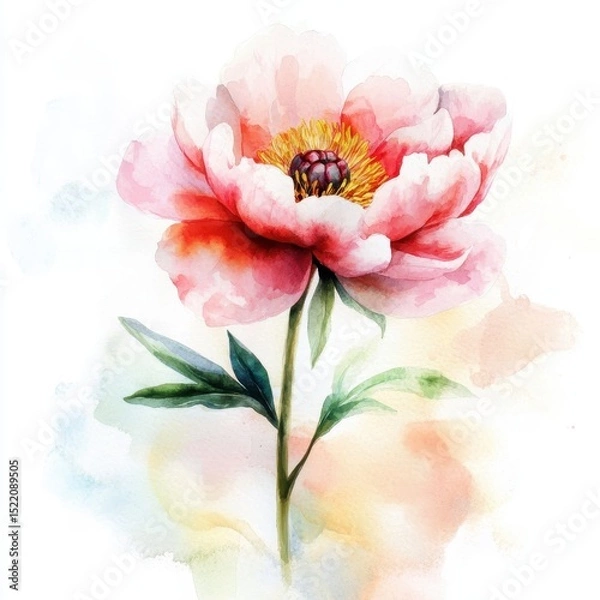 Fototapeta Beautiful Pink Flower With Green Leaves and Soft Watercolor Background