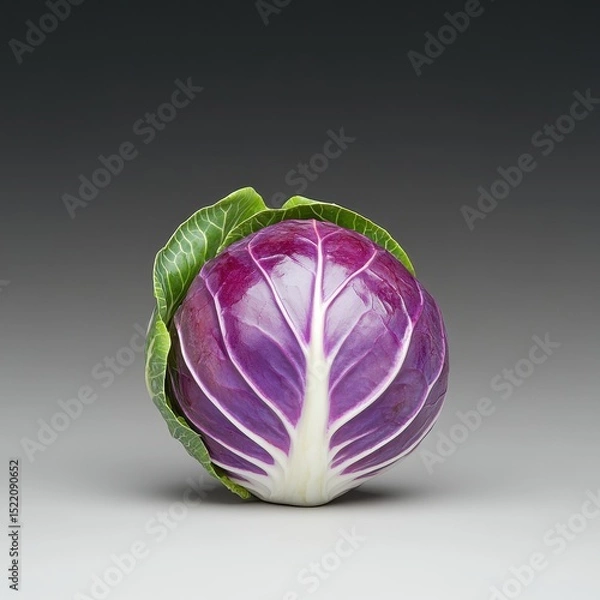 Fototapeta Fresh Purple Cabbage Surrounded by Green Leaves on a Dark Background