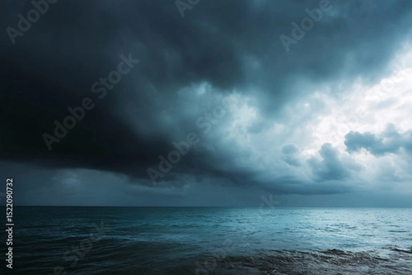 Fototapeta Stormy sky with dark clouds rolling over ocean, dramatic atmosphere, moody seascape, nature power