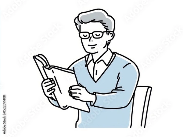 Fototapeta A Young Man Reading a Book in Light Blue Sweater with Glasses