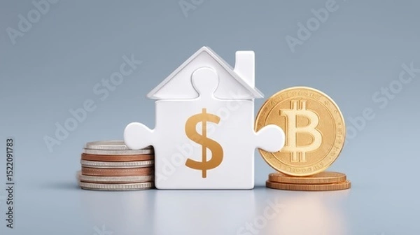 Fototapeta Investment House with Bitcoin and Coins in Gold and Silver Colors