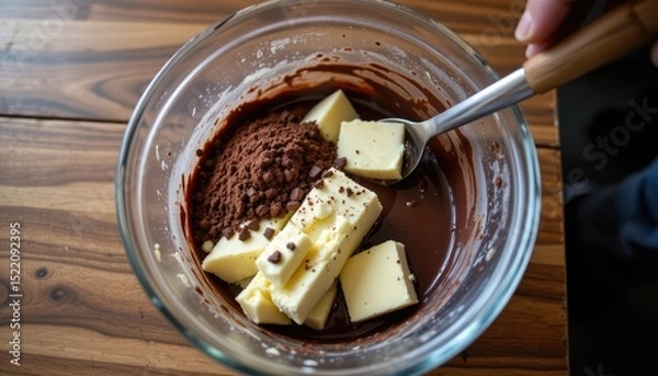 Fototapeta "baking process with cocoa powder, butter, and melted chocolate in a bowl."