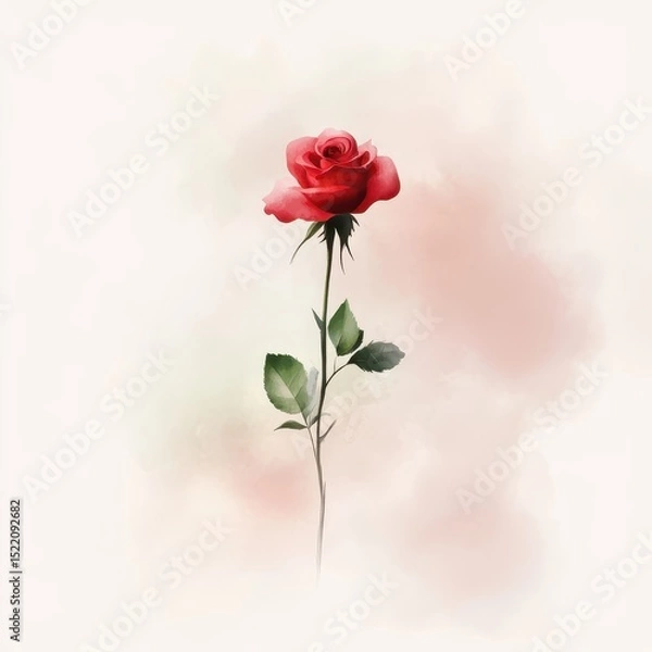 Fototapeta Elegant Red Rose with Green Leaves on a Soft Pink Background