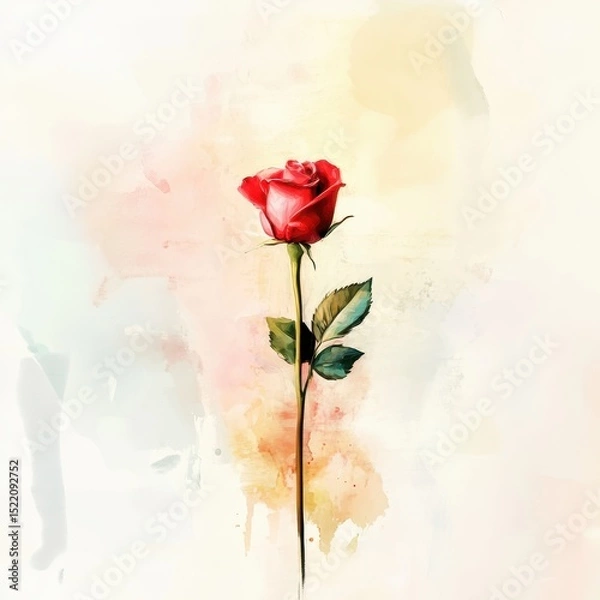 Fototapeta Beautiful Red Rose with Green Leaves on Soft Watercolor Background