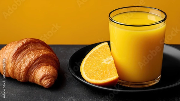 Fototapeta Glass of orange juice, croissant, and orange slice on black plate, breakfast setup, bright mood