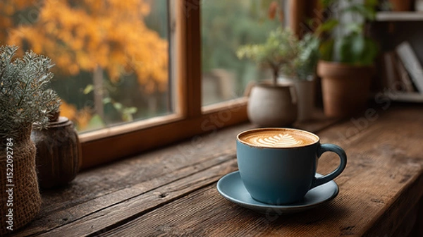 Fototapeta Cup of latte on wooden table near window, cozy autumn atmosphere with plants