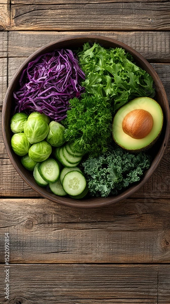 Fototapeta Fresh avocado, lettuce, purple cabbage, cucumber, kale, and brussels sprouts in wooden bowl