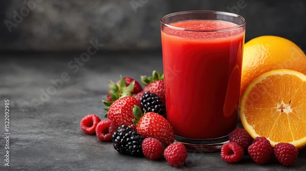 Fototapeta Fresh berry and orange juice glass with raspberry, blackberry, strawberry, orange dark background