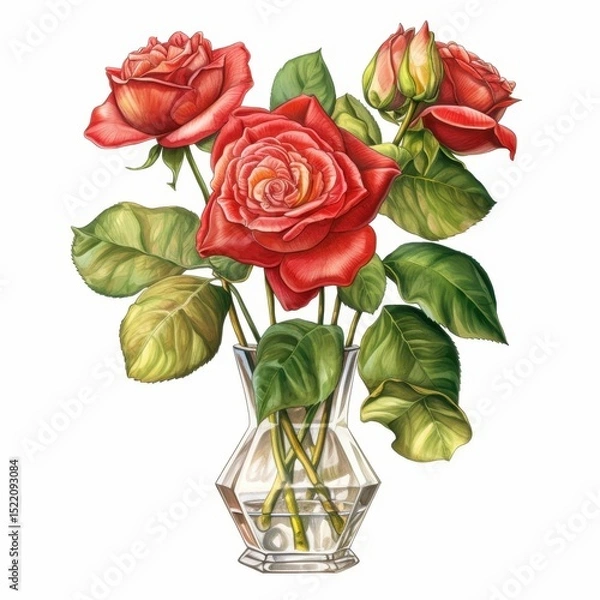 Fototapeta Beautiful Red Roses with Green Leaves in a Clear Vase