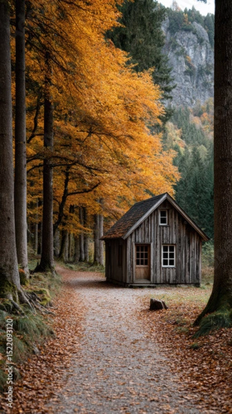 Fototapeta Rustic cabin autumn forest path, tranquil scene with golden leaves and cozy atmosphere