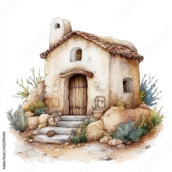 Fototapeta Charming Rustic House Surrounded by Desert Plants and Stones