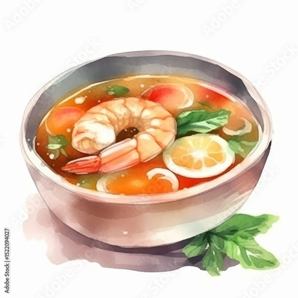 Fototapeta Delicious Shrimp Soup with Fresh Vegetables and Citrus Flavors