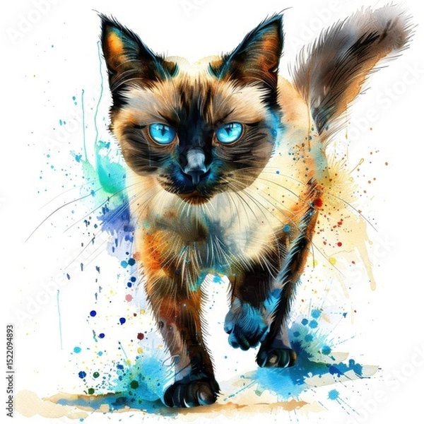 Fototapeta Colorful Siamese Cat Walking with Blue Eyes and Splashes of Paint