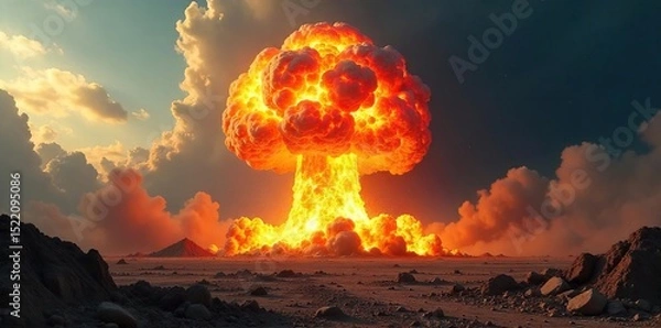 Fototapeta A powerful bomb detonates, creating a massive fiery explosion with a mushroom cloud and shockwave The destructive force is evident in the debris field , thermal pulse, impact zone, disaster