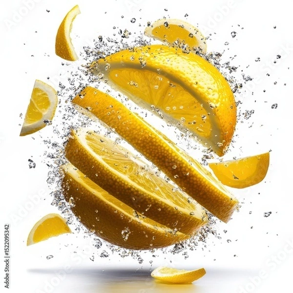 Fototapeta Fresh Yellow Lemon Slices Surrounded by Splashing Water Drops