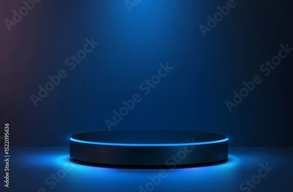Fototapeta Abstract futuristic blue technology background with glowing circular podium and hologram elements for product presentation in a virtual space, a digital concept of a future cyber tech design stage 