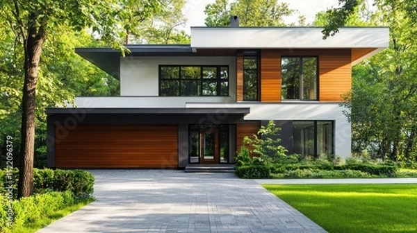 Fototapeta A modern, minimalist house with a flat roof, large windows, and a wooden exterior.