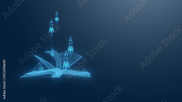 Fototapeta A futuristic digital book with glowing elements and rockets, symbolizing knowledge and innovation in a high-tech world.