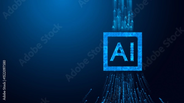 Fototapeta A captivating visual of artificial intelligence represented by a glowing AI symbol amidst a cascade of digital data streams.