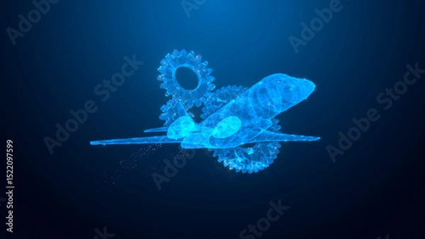 Fototapeta A conceptual digital art rendering of a futuristic aircraft intertwined with gears, symbolizing innovation in aviation technology and engineering.