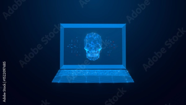 Fototapeta A futuristic digital representation of a human skull projected from a laptop, symbolizing artificial intelligence and data visualization.