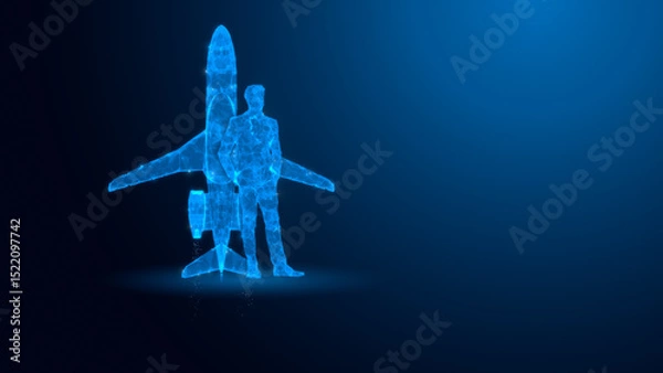 Fototapeta A futuristic holographic display featuring a jet and an aviator stands against a blue backdrop, symbolizing advancements in aviation technology.