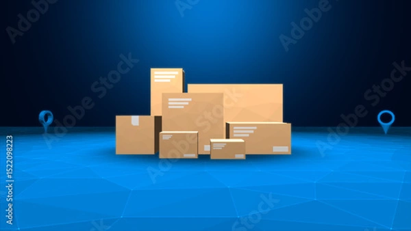 Fototapeta Stacked Cardboard Packages on Futuristic Digital Background, Online Delivery, Logistics, and E-Commerce Shipping Concept