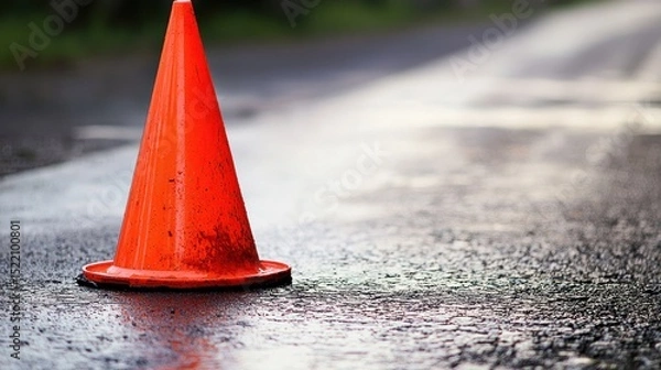 Fototapeta A lone orange traffic cone stands on a wet, reflective road surface, casting a shadow on the asphalt.