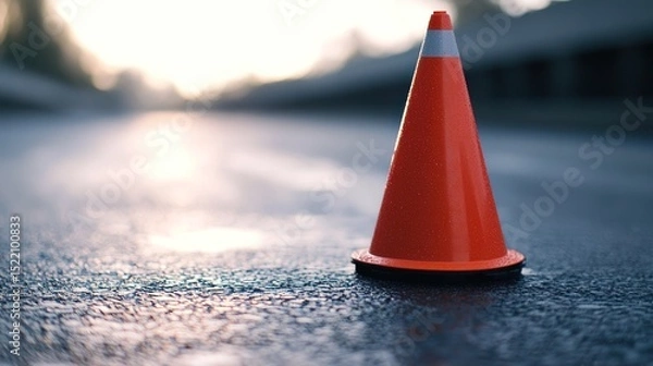 Fototapeta A solitary orange traffic cone on a wet, reflective surface with a blurred background.