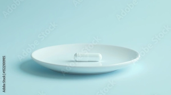Fototapeta A white plate with a white pill on it, placed on a light blue background.