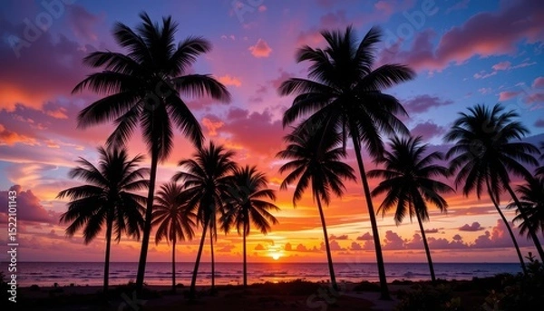 Fototapeta Vibrant Tropical Sunset Silhouetted Palm Trees Against a Fiery Orange and Pink Sky Over Calm Ocean Waters